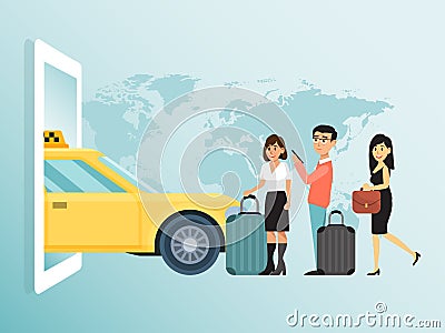 Online order city concept taxi, couple lovely male female wait public transport businesswoman run flat vector Vector Illustration