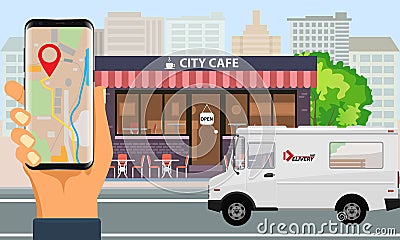 Online order and Fast food delivery with food truck and city landscape. Vector Illustration