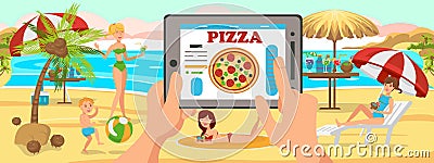 Online Order Pizza on Beach. Family on Beach. Vector Illustration