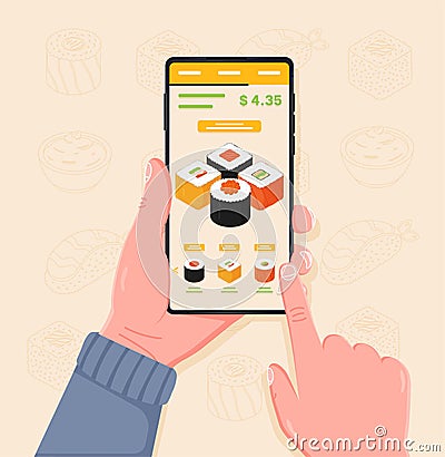 Online ordering sushi. Buying and paying for sushi in application on mobile phone. E-commerce, internet shop and delivery. Vector Illustration