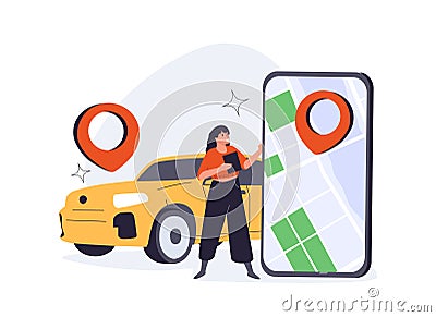 Online ordering taxi car, rent and sharing using service mobile application. Man near smartphone screen with route Vector Illustration