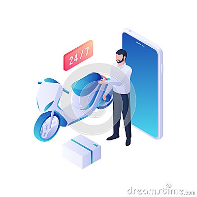 Online orders and delivery round clock isometric illustration. Web purchase through mobile application fast courier Vector Illustration