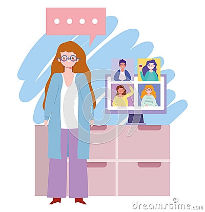 Online party, birthday or meeting friends, woman in home with computer group conversation Vector Illustration