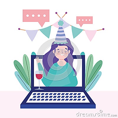 Online party, birthday or meeting friends, woman video laptop celebration with wine cup Vector Illustration