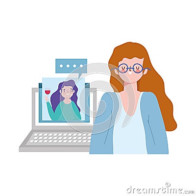 Online party, birthday or meeting friends, women celebration event distance with laptop Vector Illustration