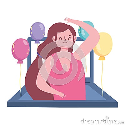 Online party, celebrating woman festive event meeting Vector Illustration
