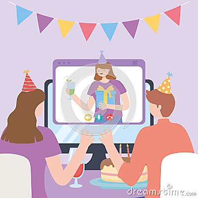 Online party, couple with cake celebrating video call with girl Vector Illustration