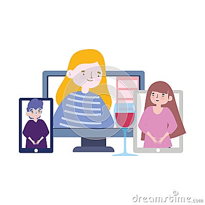 Online party, meeting friends, greeting people by social media or phone to keep distance Vector Illustration