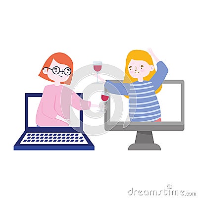 Online party, meeting friends, women with wine cups celebrating on computer connection Vector Illustration