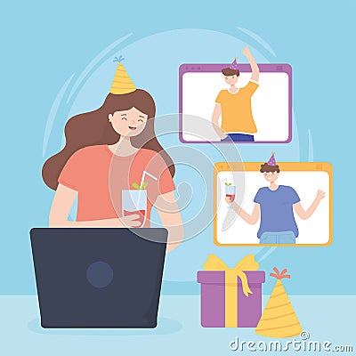 Online party, people birthday celebration during of self-isolation from coronavirus Vector Illustration