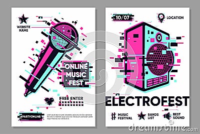 Online party vector banner. Posters set with microphone and audio system. Event show background, electronic style Vector Illustration