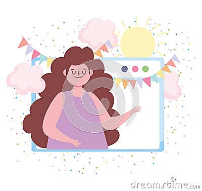 Online party, website woman bunting decoration Vector Illustration