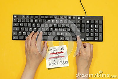 Online password management with keyborard, notes and bussineswoman Stock Photo