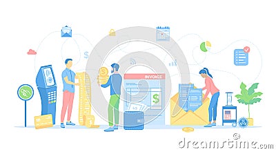 Online paying, bookkeeping, accounting, shopping, banking. Invoicing and payment. Man pays the bill. Vector illustration Vector Illustration