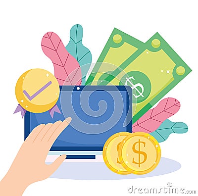 Online payment, computer check mark money coins banknotes, ecommerce market shopping, mobile app Vector Illustration