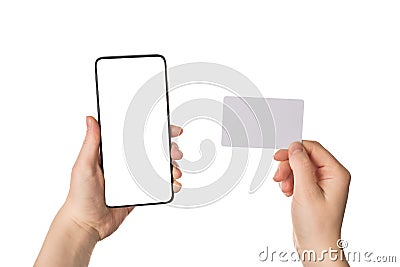 Online payment concept. Pov cropped close up view photo of female hands using blank credit card and smart telephone isolated white Stock Photo