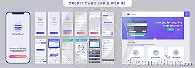 Online Payment or Credit cards app ui kit for responsive mobile app with website menu. Stock Photo