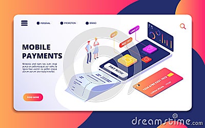 Online payment isometric concept. Banking shopping mobile phone app. Credit card protection, internet paying buying Vector Illustration