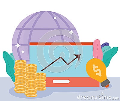 Online payment, laptop coins world creativity, ecommerce market shopping, mobile app Vector Illustration