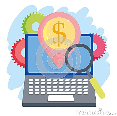 Online payment, laptop location pointer analysis, ecommerce market shopping, mobile app Vector Illustration