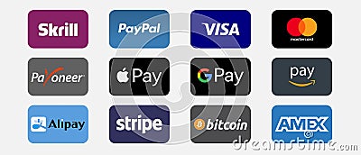 Online payment methods button set, company logos : Visa, Mastercard, Paypal, American Express, Bitcoin, Amazon Pay, Apple Pay, Vector Illustration