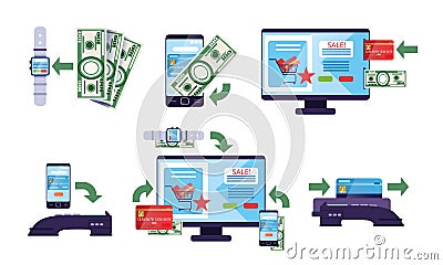 Online Payment Methods Collection, Financial Transactions via Electronic Gadgets, Money Transfer Technology Vector Vector Illustration