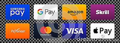 Online payment methods icons set, company logos: Apple Pay, Google Pat, Mastercard, Visa, Samsung, Amazon, Skrill, Payoneer. Vector Illustration