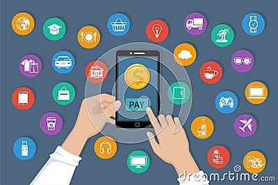 Online payment. Pay for goods and services by mobile app service. Payment service international transfers on the phone screen. Vector Illustration