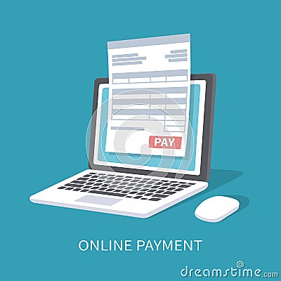 Online payment service. Document form on the laptop screen with a pay button. Vector Illustration