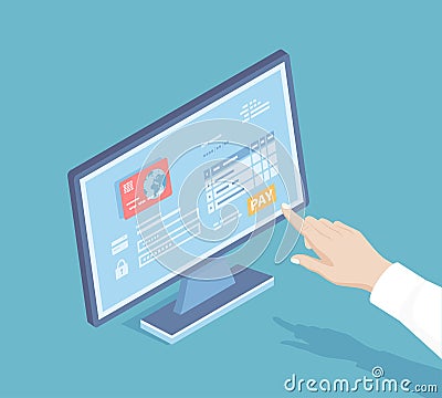 Online payment service. Invoice form, credit card. Man finger presses the pay button on the monitor screen Internet banking concep Vector Illustration