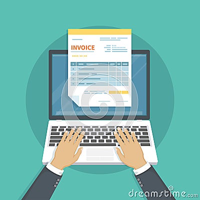 Online payment service. Invoice form on the laptop screen. Man hands on the keyboard. Internet banking concept. Online paying Vector Illustration