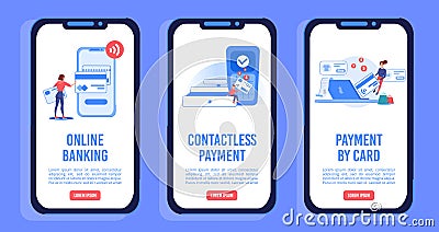 Online payment services onboard mobile page set Vector Illustration