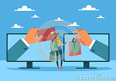 Online payment. Shopping online, digital commerce, women makes purchases in online store, pay for goods by credit card Vector Illustration