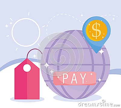 Online payment, world tag price location navigation money, ecommerce market shopping, mobile app Vector Illustration