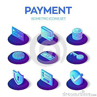 Online payments isons set. 3D isometric mobile payments icons. Personal data protection. Credit card, wallet, money, check and Cartoon Illustration