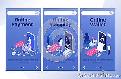 Online payments landing page. Mobile bank app vector banners template Vector Illustration