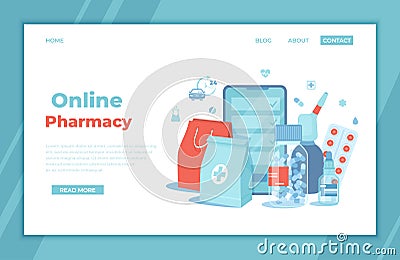 Online Pharmacy. Buy medicaments and drugs online. Pharmaceutical products in mobile application. Phone screen, medicine packages, Vector Illustration