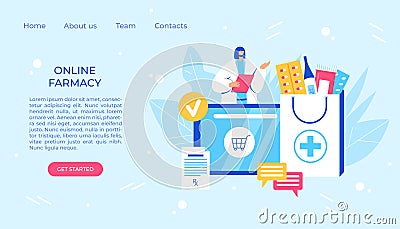 Online pharmacy concept. Pharmacist helps to collect an order on the site. Vector Illustration