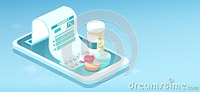 Online pharmacy and drug prescription concept. Vector of a smart phone with app to fulfil prescription medicine Vector Illustration