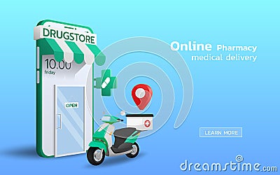 Online pharmacy with home delivery service in 3d perspective vector design. New technology, deliver by scooter bike, fast, safe Vector Illustration