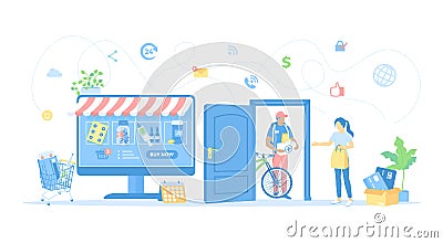 Online Pharmacy. Online medical store with delivery. Health service, medical care app. Woman orders medicines on a large monitor. Vector Illustration