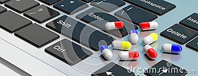 Online pharmacy. Pills capsules on computer keyboard. 3d illustration Cartoon Illustration