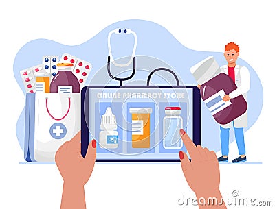 Online pharmacy store concept vector. Pharmacist holding medications. Pharma sopping bag with medical pills, drops Vector Illustration