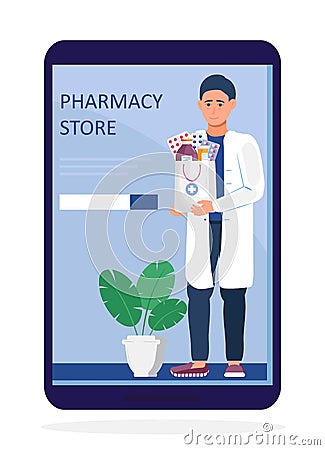Online pharmacy store concept vector. Pharmacist holding medications. Pharma sopping bag with medical pills, drops Vector Illustration