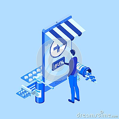 Online pharmacy store. Vector 3d isometric illustration. Medicine and healthcare mobile app concept Vector Illustration