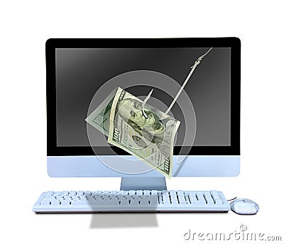 Online phishing money on fish hook coming out of computer Stock Photo