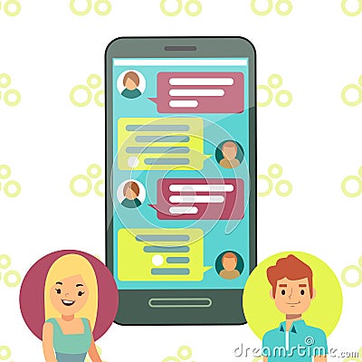 Online phone chat concept - girl and boy cell chatting Vector Illustration