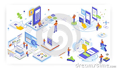 Online photo, web calculators, math equation solver, vector isometric illustration. Math solving camera mobile app. Vector Illustration