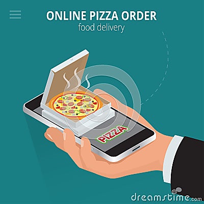 Online pizza. Ecommerce concept - order food online website. Fast food pizza delivery online service. Flat 3d isometric Vector Illustration