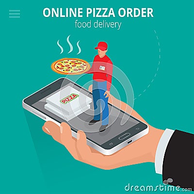 Online pizza. Ecommerce concept - order food online website. Fast food pizza delivery online service. Flat 3d isometric Vector Illustration